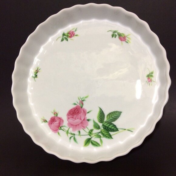 Pie Dish 9" Bakeware White Pink Roses Scalloped Edges Christine Holm - Picture 12 of 12